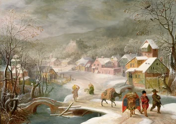 Winterlandschaft mit Reisenden auf einem Pfad